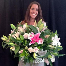 Load image into Gallery viewer, Mudgee florist Mudgee Monkey is a local based florist in the Mudgee Area. Pictured is a generous bouquet of lilies and roses