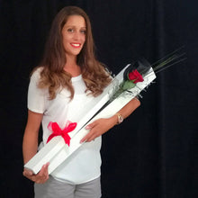 Load image into Gallery viewer, Single Rose – Extra long stemmed, premium, imported Rose in presentation box.  Available in Passion Red or Bella Pink.  In ancient roman times, lovers gave each other a single red Rose, considered to be the most beautiful and romantic gesture, as Roses were the symbol of the Roman goddess Venus, the goddess of love. So ever since then a single red rose clearly states &#39;I love you&#39;. 