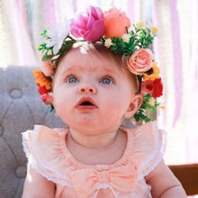 Load image into Gallery viewer, Mudgee florist Mudgee Monkey is a local based florist in the Mudgee Area. Pictured is peach and pink flower babies full flower crown,