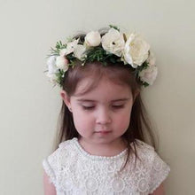 Load image into Gallery viewer, Mudgee florist Mudgee Monkey is a local based florist in the Mudgee Area. Pictured is white and gum flower childs full flower crown,